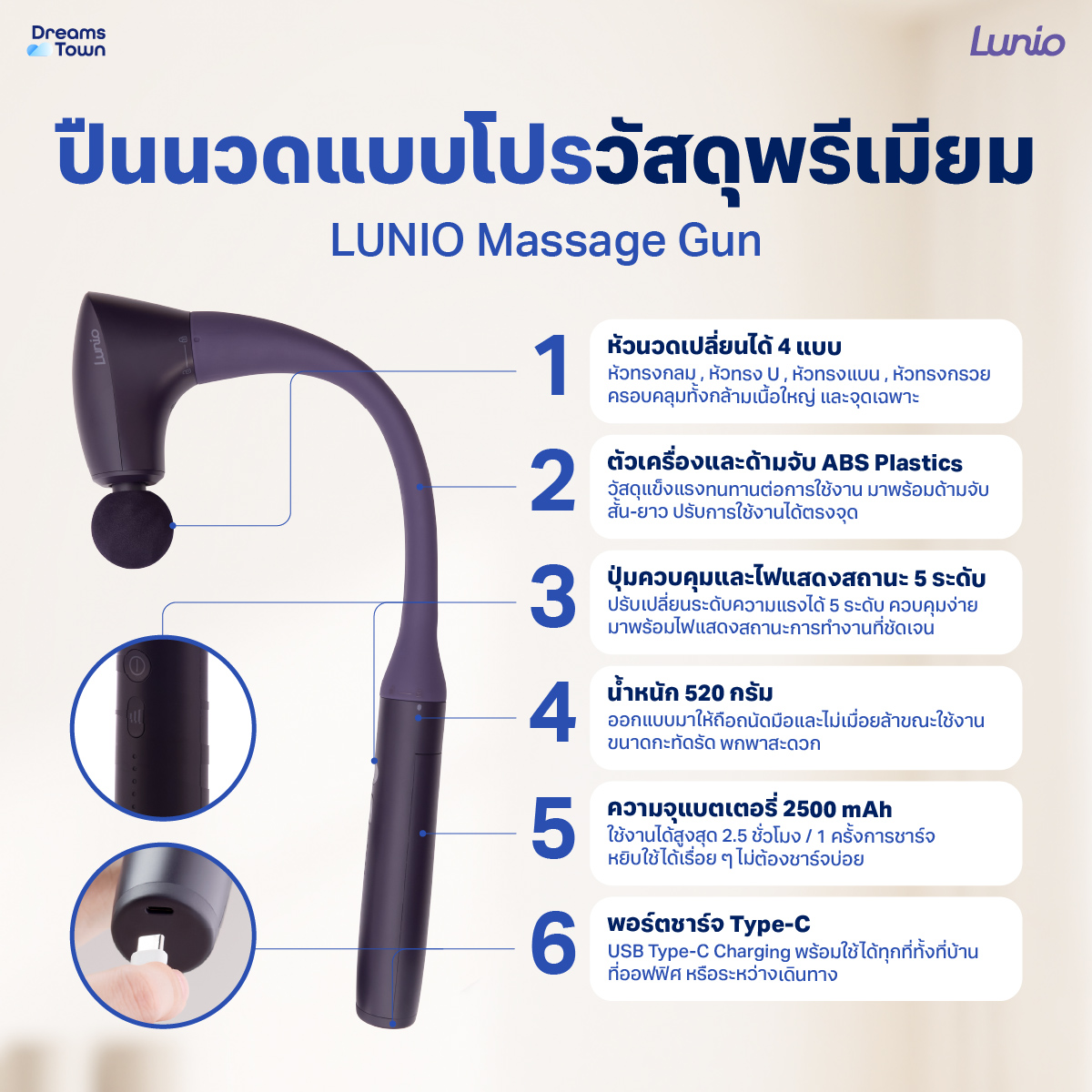 เครื่องนวดกล้ามเนื้อ LUNIO MASSAGE GUN ปืนนวดไร้สายปรับสั้นยาวได้